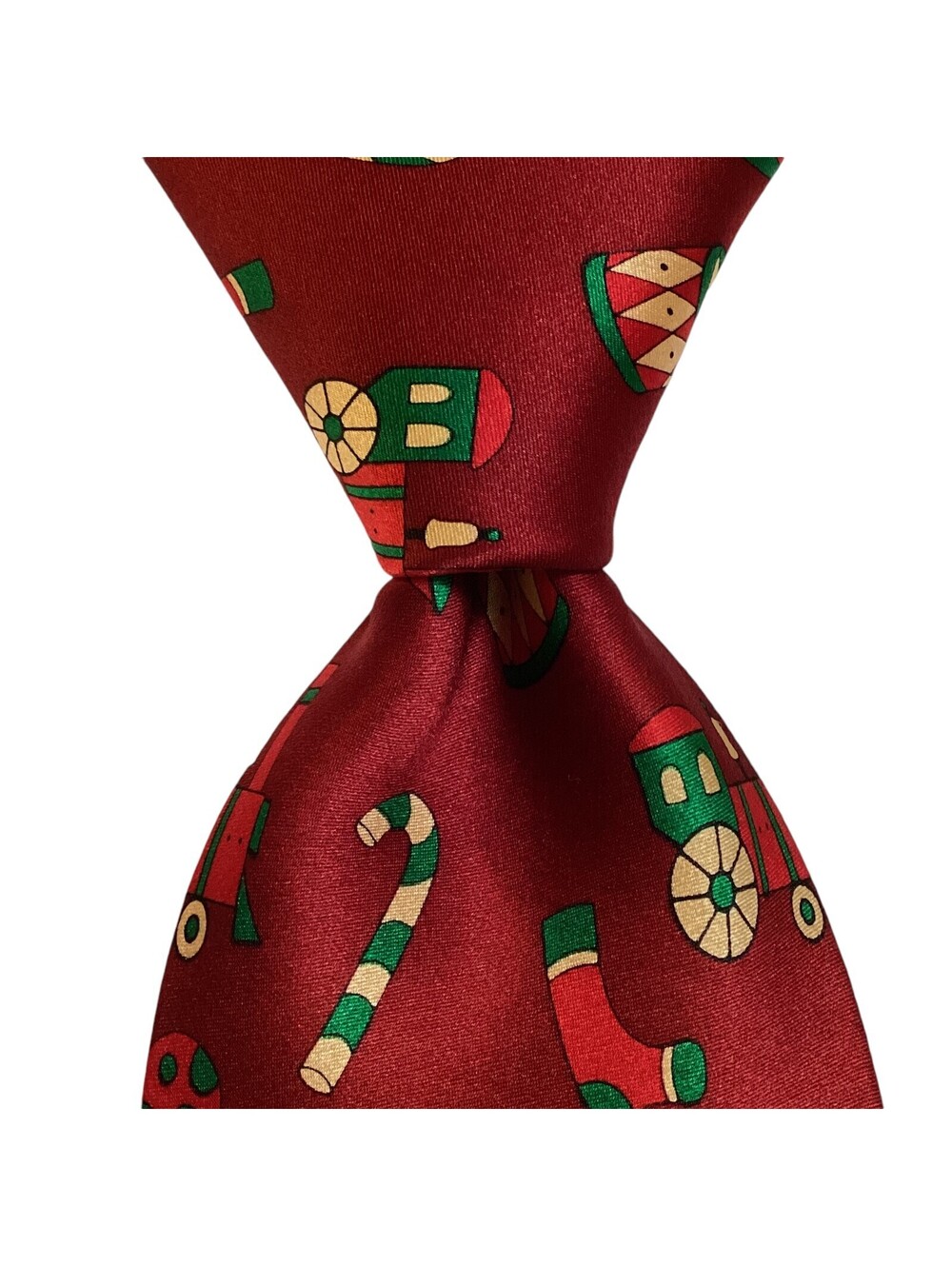 First Snow Men's 100% Silk Necktie Designer Christmas Toys Red/Green/Ivory EUC
